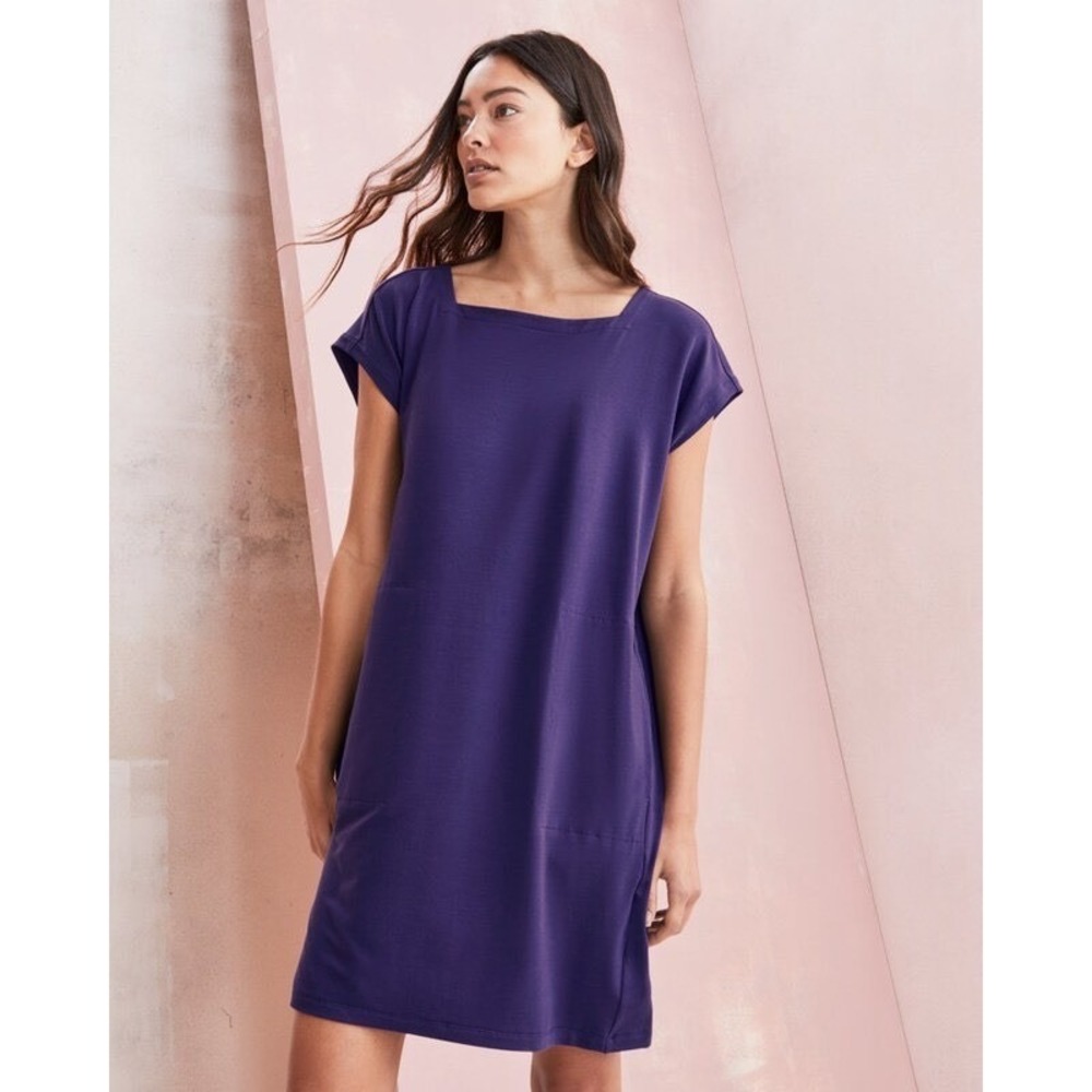 NWT EILEEN FISHER Stretch-y Square-Neck Pocket Dress In Venus Size L Modern Chic